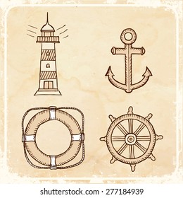 Sea set on a retro background. Hand drawn vector illustration.
