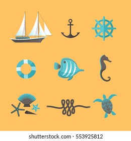 Sea set on yellow background with nautical elements and marine fauna symbols isolated   cartoon vector Illustration