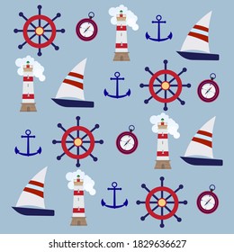 El mar es muy bonito. Barco de vela, espuma, faro, ancla y brújula. Fondo azul claro. Para postales, impresiones, envoltura de regalo

