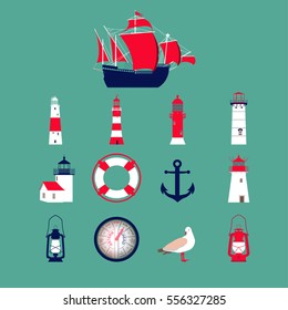 Sea set with sailing ship and lighthouses, anchor, lifebuoy, oil lanterns and seagull. Vector illustration.