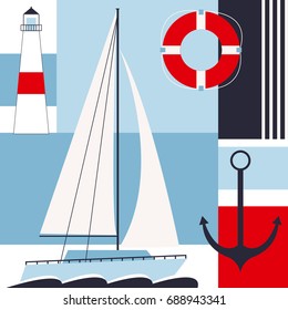 Sea set. Sailing yacht, lighthouse, anchor, lifebuoy.Vector illustration.
