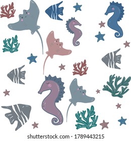 Sea set in Scandinavian style. Seaweed, Stingray, seahorse, starfish on a white background.