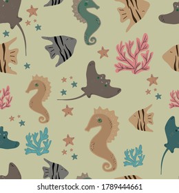 Sea set in Scandinavian style. Seaweed, Stingray, seahorse, starfish. Seamless marine background.