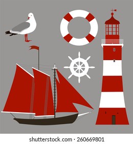 Sea set with  seagull lighthouse,  lifeline and a steering wheel. Vector illustration