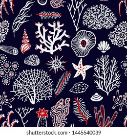 Sea set seamless pattern with seashells, corals, alga and starfishes. Marine background.  