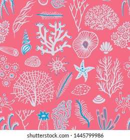 Sea set seamless pattern with seashells, corals, alga and starfishes. Marine background.  