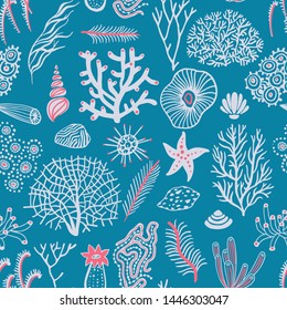 Sea set seamless pattern with seashells, corals, alga and starfishes. Marine background.  