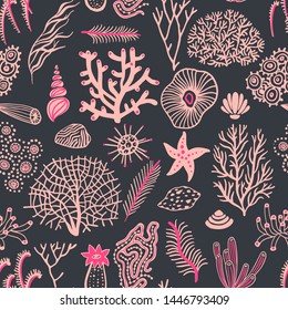 Sea set seamless pattern with seashells, corals, alga and starfishes. Marine background.  