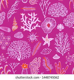 Sea set seamless pattern with seashells, corals, alga and starfishes. Marine background.  