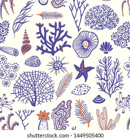 Sea set seamless pattern with seashells, corals, alga and starfishes. Marine background.  