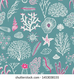 Sea set seamless pattern with seashells, corals, alga and starfishes. Marine background.  