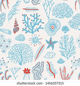 Sea set seamless pattern with seashells, corals, alga and starfishes. Marine background.  