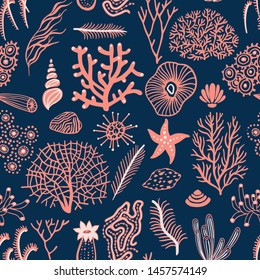 Sea set seamless pattern with seashells, corals, alga and starfishes. Marine background.  