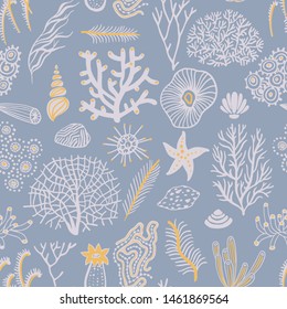 Sea set seamless pattern with seashells, corals, alga and starfishes. Marine background.  