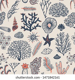 Sea set seamless pattern with seashells, corals, alga and starfishes. Marine background.  