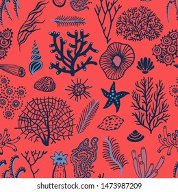 Sea set seamless pattern with seashells, corals, alga and starfishes. Marine background.  