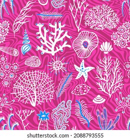 Sea set seamless pattern with seashells, corals, alga and starfishes. Marine background.