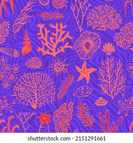 Sea set seamless pattern with seashells, corals, alga and starfishes. Marine background.