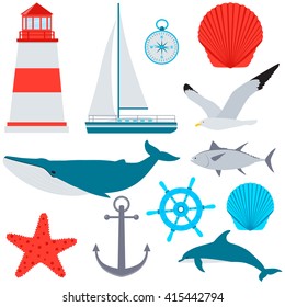 Sea set. Ship, anchor and fish. Vector illustration