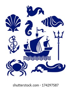 sea set - ship, shells, dolphins, anchor with rope,little horse and crab on white background
