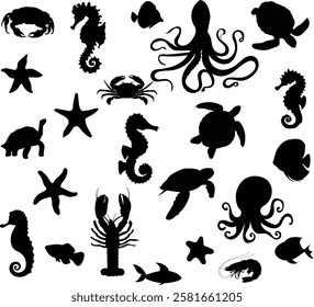 sea ​​creatures set silhouette on white background vector