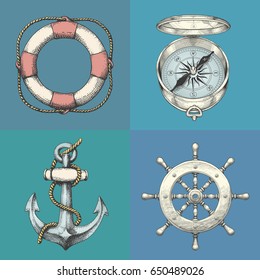 Sea set. Steering wheel, Lifebuoy, compass, anchor. Vintage vector color engraving illustration.