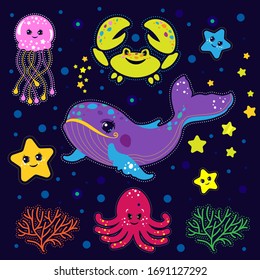 Sea set vector illustration. Underwater background.  isolated Cartoon sea life cute animals: whale, jellyfish, crab, starfish, seaweed, corals, octopus. cute animals kids cartoon style.