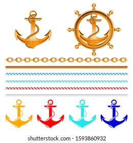 Sea set, vector image. Golden anchor, rope, rope, helm, chain, sea, sailors. Realistic image on a white background isolate.