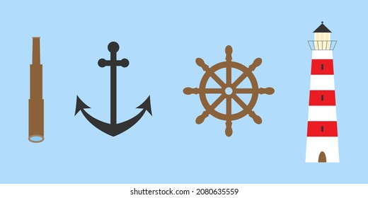 Sea set of wheel, anchor, spyglass, lighthouse. Cartoon elements isolated on white background. Flat vector illustration