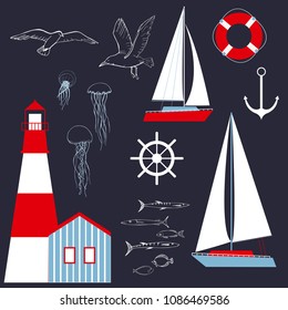 Sea set with yacht and  lighthouse. Vector illustration