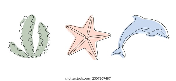 Sea set(dolphin, starfish, seaweed) drawn in one continuous line in color. One line drawing, minimalism. Vector illustration.