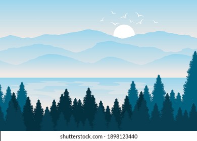 Sea with shady pine trees and mountains