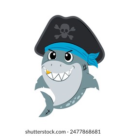 Sea shark pirate in flat style on a white background. Predatory sea animal. Cartoon shark.