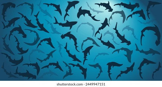 Sea shark silhouettes collection on blue background. Vector illustration.