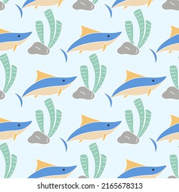 Sea sharks and algae seamless pattern. Background ocean floor with underwater inhabitants and vegetation. Baby print for textiles, wallpaper and design. Kid fish template