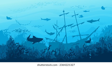 Sea sharks, sunken ship and fish shoal silhouettes in underwater sea landscape, vector background. Undersea coral reef or ocean landscape with sunken boat, stingray and sharks in deep blue water