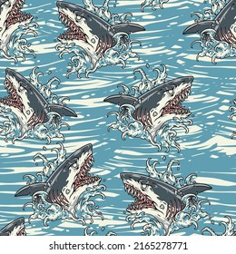 Sea sharks vintage seamless pattern colorful dangerous aquatic predators with scar from teeth and large fangs among waves of ocean vector illustration