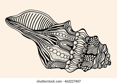 Sea Shell with abstract pattern. Vector illustration. Hand drawn Doodle artwork. Black, beige color