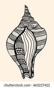 Sea Shell with abstract pattern. Vector illustration. Hand drawn Doodle artwork. Black, beige color