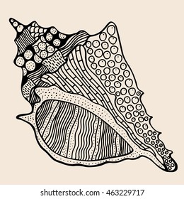 Sea Shell with abstract pattern. Vector illustration. Hand drawn Doodle artwork. Black, beige color