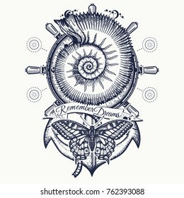 Sea shell, ammonite, anchor, steering wheel, butterfly, tattoo art. Symbol of freedom, marine adventure tourism. Slogan follow dreams  