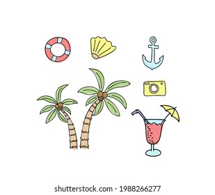 Sea shell, anchor, palms and camera for beach travel summer design. Hand drawn design elements. Vector illustration. Summer holidays.