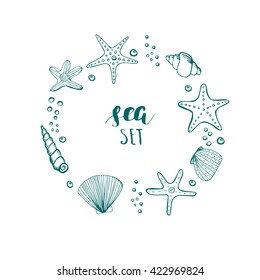 Sea shell background. Hand drawn sea elements shells, stars and corals in a circle shape frame