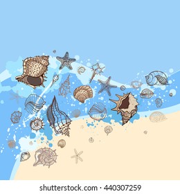 Sea shell with sea background. Hand Drawn Postcard Design for Your Text. Wave of blue ocean on sandy beach, sea shells.