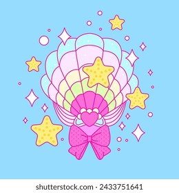 Sea shell background vector illustration. Abstract cute shell background. Decoration banner themed Lol surprise doll girlish style. Invitation card template with cute shells, sea stars