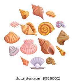 Iconos de playa de conchas marinas. Dibujo de caricaturas de 16 iconos de vectores submarinos tropicales de la concha del mar para la web