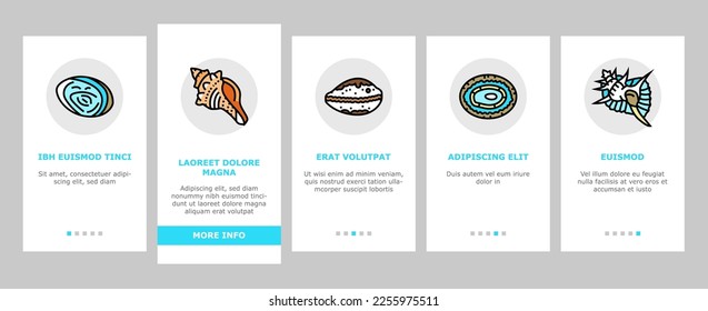 sea shell beach summer ocean onboarding mobile vector. seashell starfish, marine scallop, snail sand, star tropical water, spiral animal sea shell beach summer ocean color line illustrations