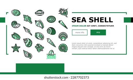 veraneo de la playa de la concha de mar océano landing Vector de la página web. lancha de mar, vieiras marinas, arena caracol, agua tropical estrella, concha de mar animal espiral playa verano océano Ilustración