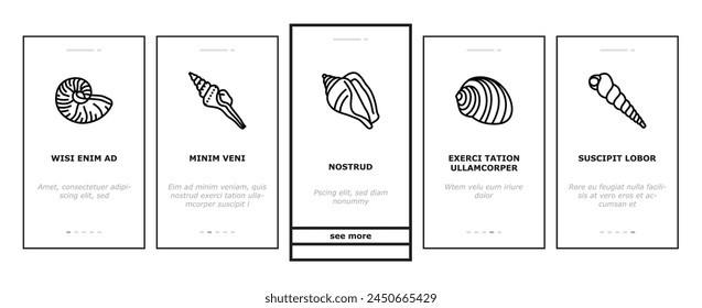 sea shell beach summer ocean onboarding mobile vector. seashell starfish, marine scallop, snail sand, star tropical water, spiral animal sea shell beach summer ocean color line illustrations