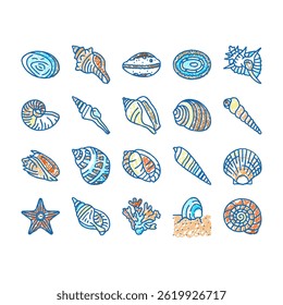 sea shell beach summer ocean doodle icons set vector. seashell starfish, marine scallop, snail sand, star tropical water, spiral animal sea shell beach summer ocean sketch hand drawn